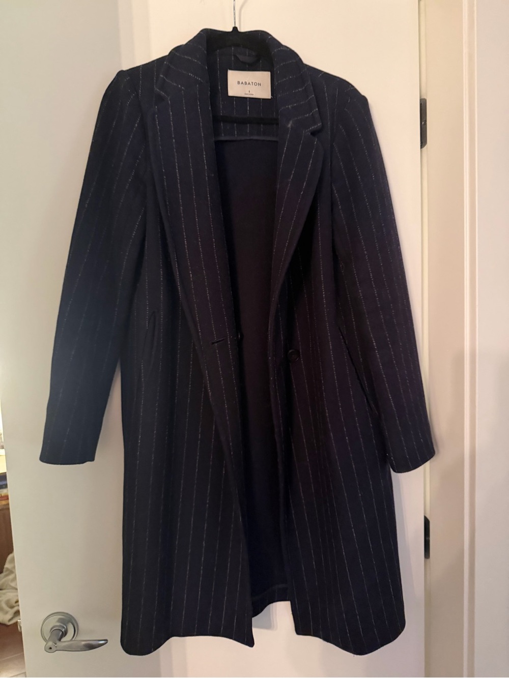 Babaton Navy Pinstripe Longline Wool-Blend Trench Coat